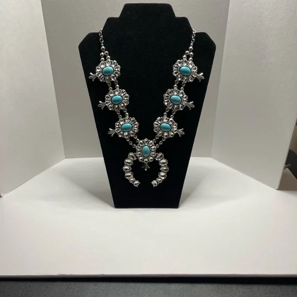 Silver tone squash blossom necklace with rhinestones & faux turquoise - Picture 3 of 13